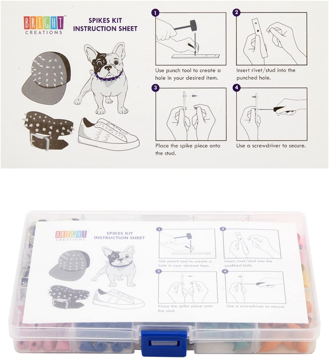 Bright Creations Juego de 230 piezas de pinchos y tachuelas coloridas para manualidades y ropa con herramientas y caja de almacenamiento de rejilla