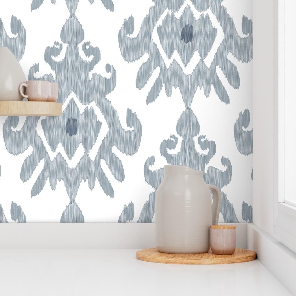Spoonflower Papel tapiz autoadhesivo de 9 x 2 pies – Papel tapiz grande Ikat Pizarra Azul Gris Blanco Boho Moderno Índigo Neutral Mod Kitchen Papel