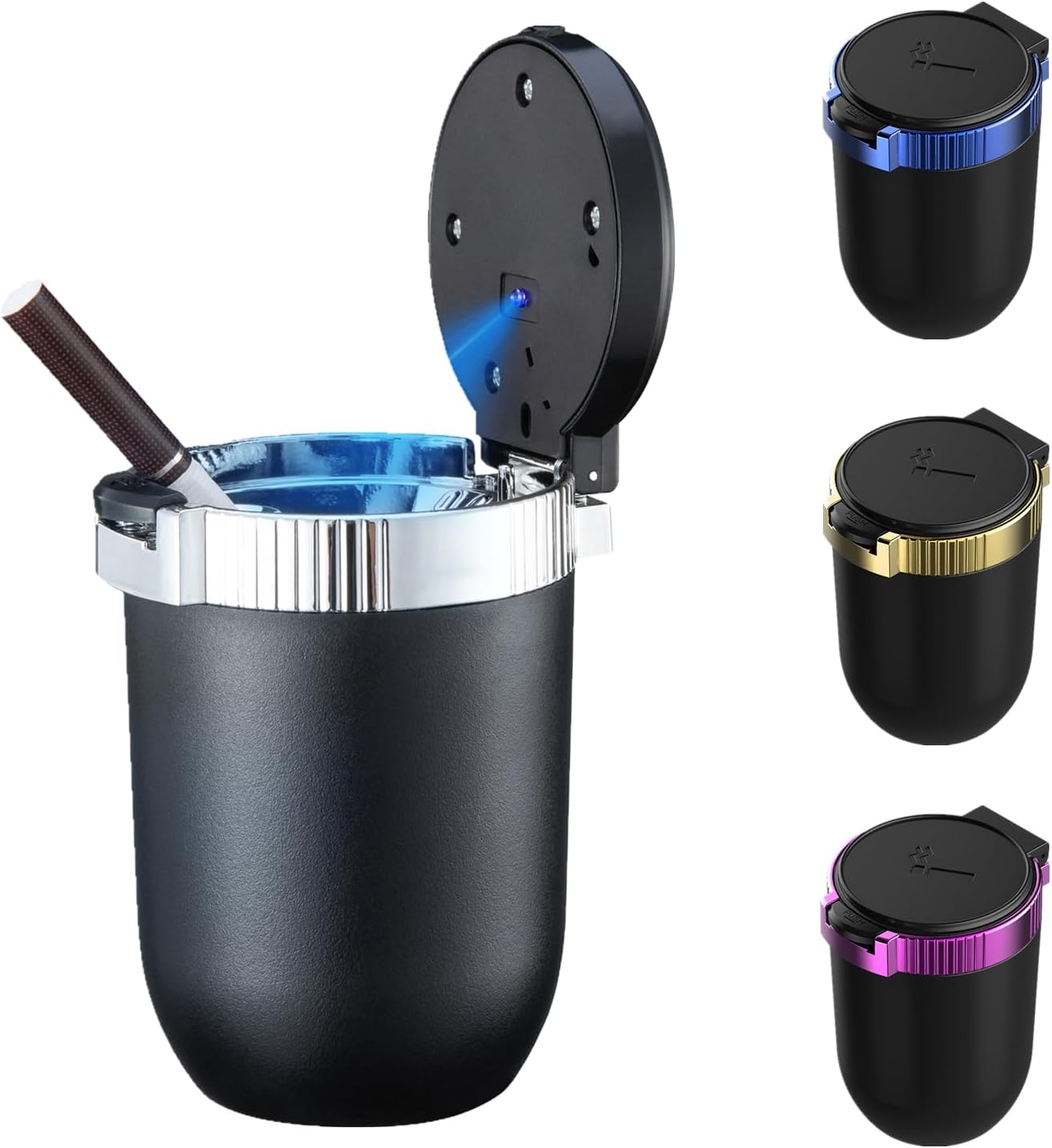 Cenicero de automóvil con tapa, bandeja de cenizas portátil, mini bote de basura para automóvil con luz LED azul a prueba de viento para viajes al