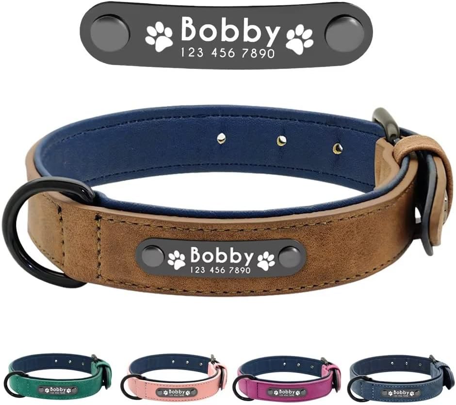 Didog Collar de perro de cuero personalizado, collares de perro grabados con placa de identificación personalizada, collar personalizado acolchado