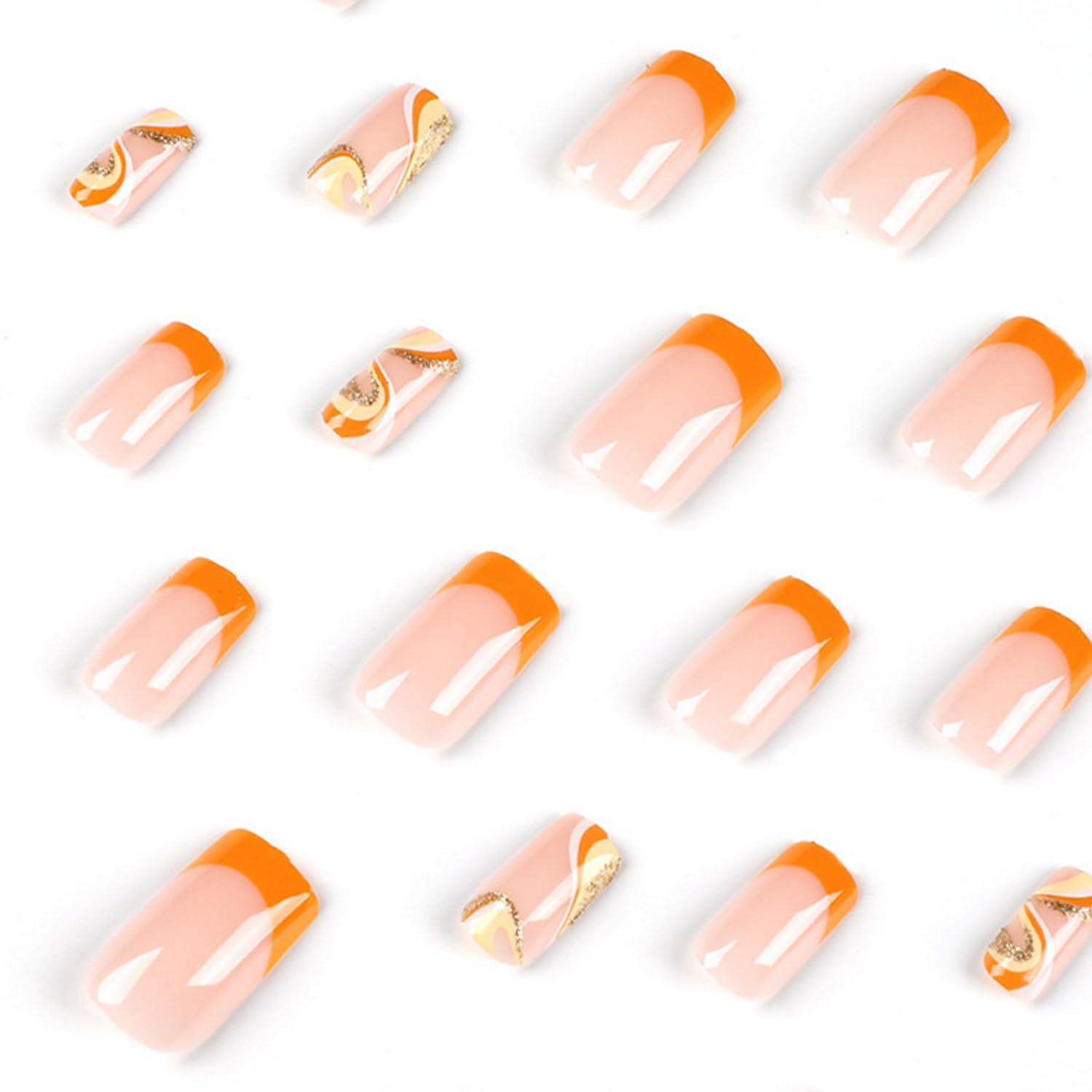 Uñas postizas cuadradas de otoño, uñas cortas a presión, uñas postizas amarillas con diseño de curva dorada brillante, uñas postizas artificiales