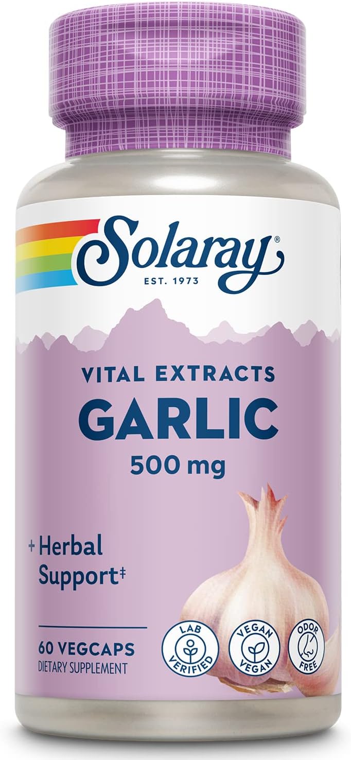 SOLARAY Suplemento de ajo de 500 mg, vegano, extracto de ajo inodoro, utilizado tradicionalmente para la salud del corazón y el apoyo inmunológico,