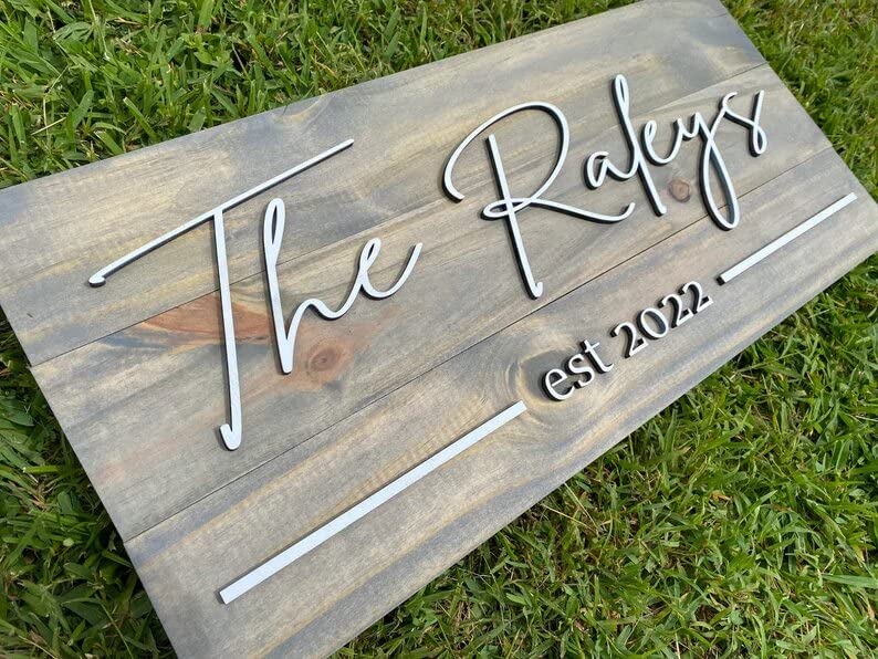 Personzalized 3D Style Effect Wood Sign for Easy Customization and Family Name Wedding Gift (White Text – Gray Stain)