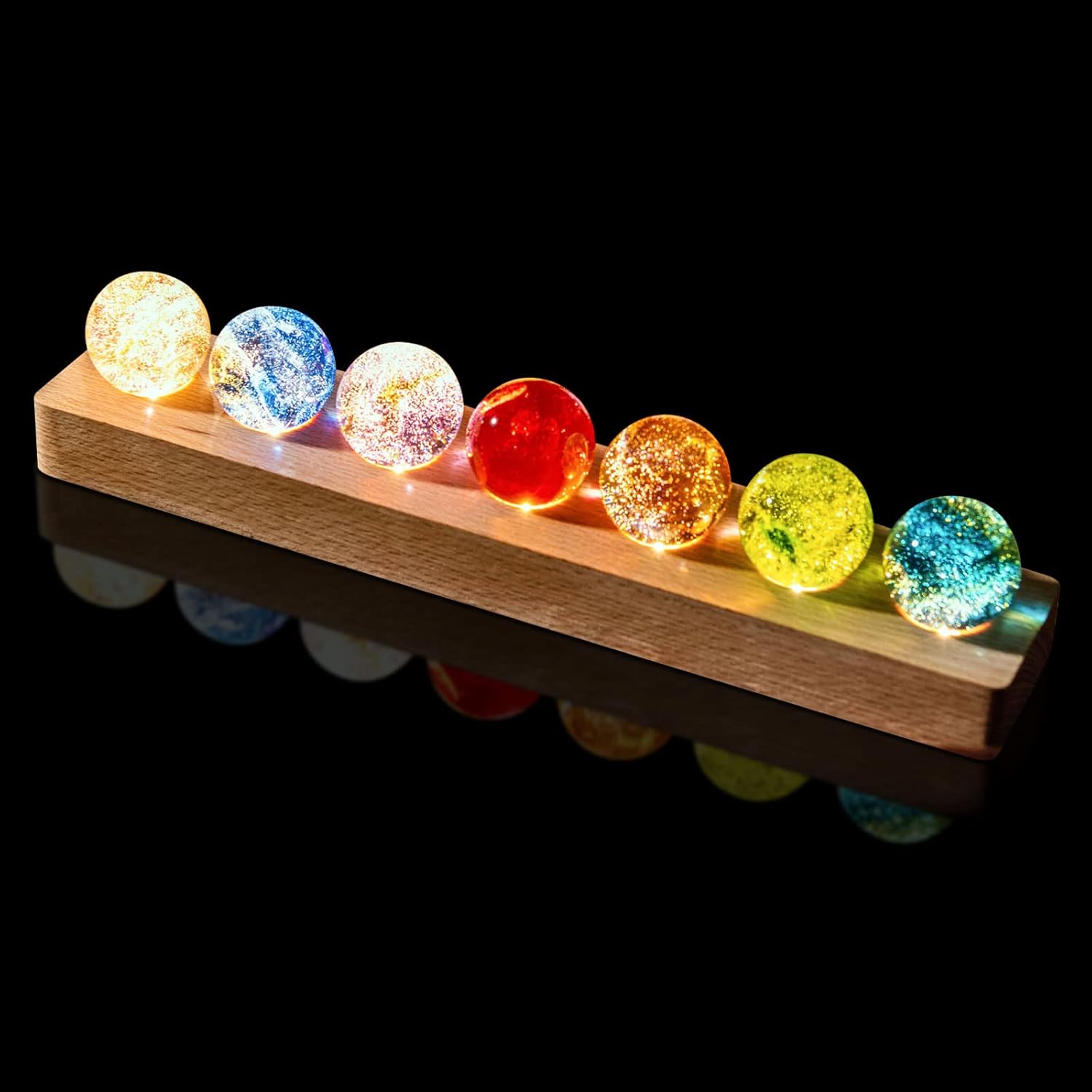 Bola de cristal con base de luces LED de madera, luz nocturna de cristal colorida, 7 bolas de cristal, luces USB decorativas, mesa USB, lámpara de