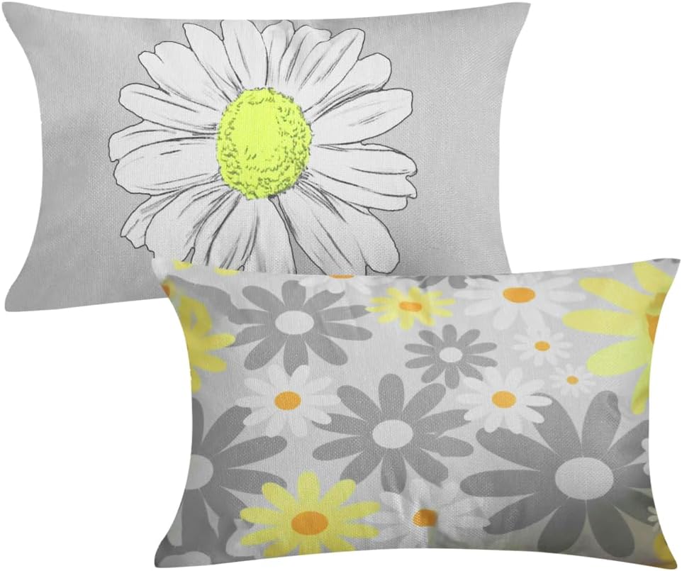 AMZ-NATURALIFE Juego de 2 fundas de almohada lumbar de verano de 12 x 20 pulgadas, color gris, amarillo, margarita, flores, sol, decoración del
