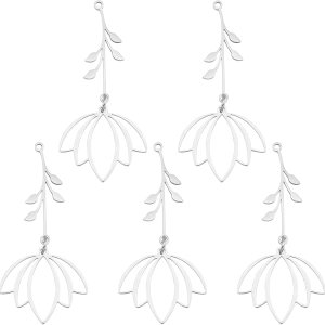 DICOSMETIC 5 dijes de flores de loto huecos de acero inoxidable con anillos de salto, colgantes de flores cortadas con láser, dijes de plantas para DICOSMETIC 5 dijes de flores de loto huecos de acero inoxidable con anillos de salto, colgantes de flores cortadas con láser, dijes de plantas para