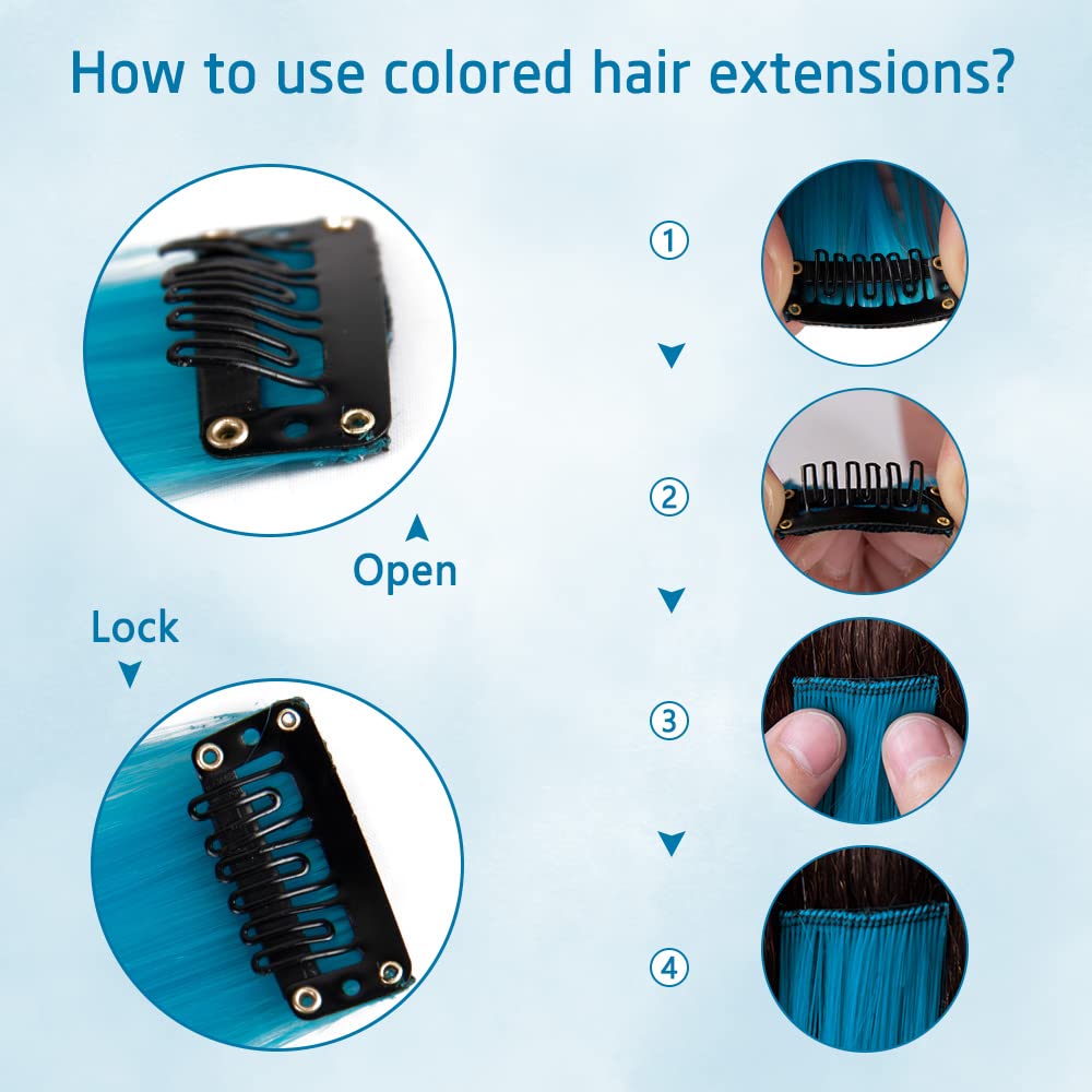 Extensiones de cabello sintético con clip de color de 20 pulgadas, 10 piezas de cabello lacio para fiesta, color azul marino