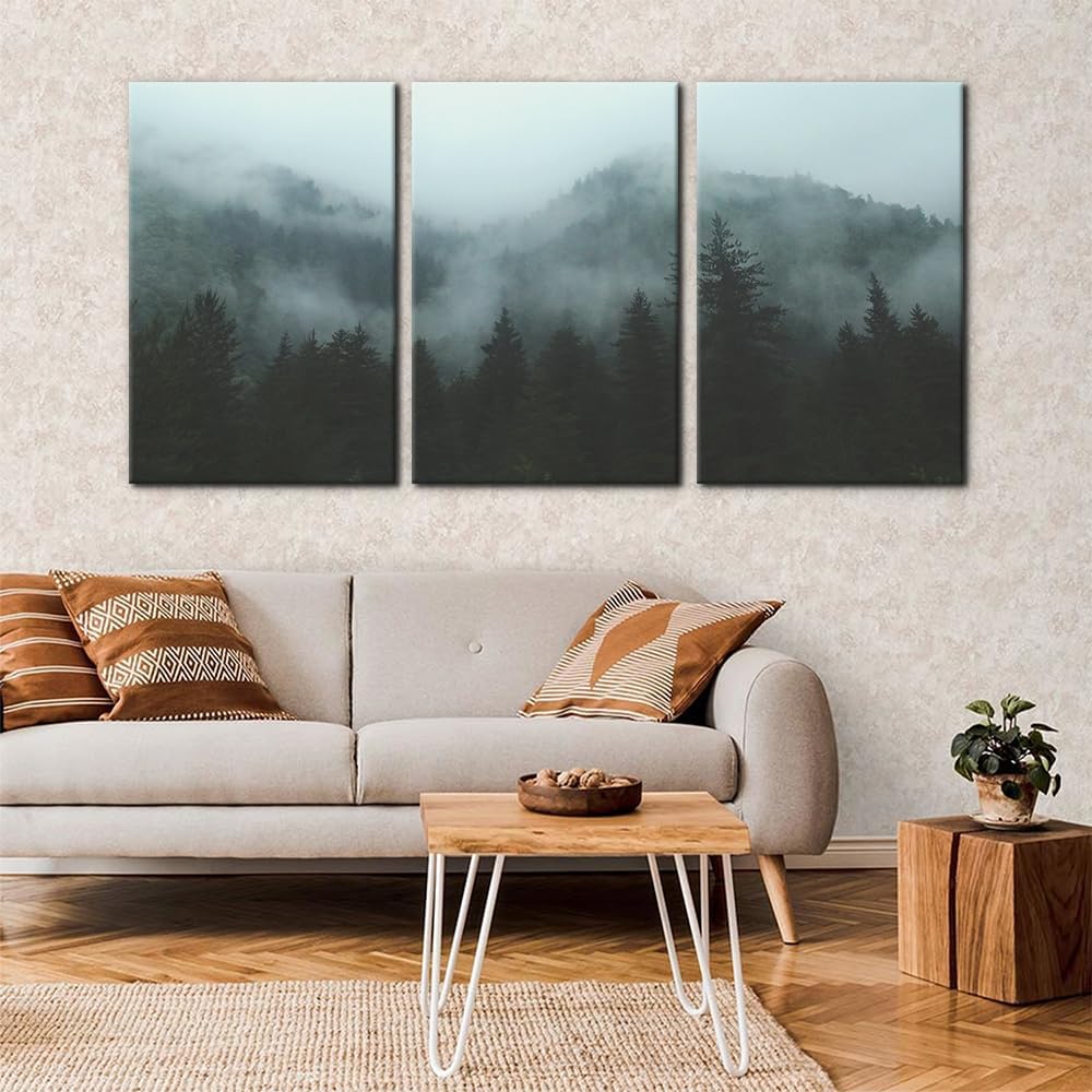 3 paneles de bosque de montaña en niebla, pintura para decoración del hogar para lienzo impreso, paisajes naturales, cuadros artísticos de pared