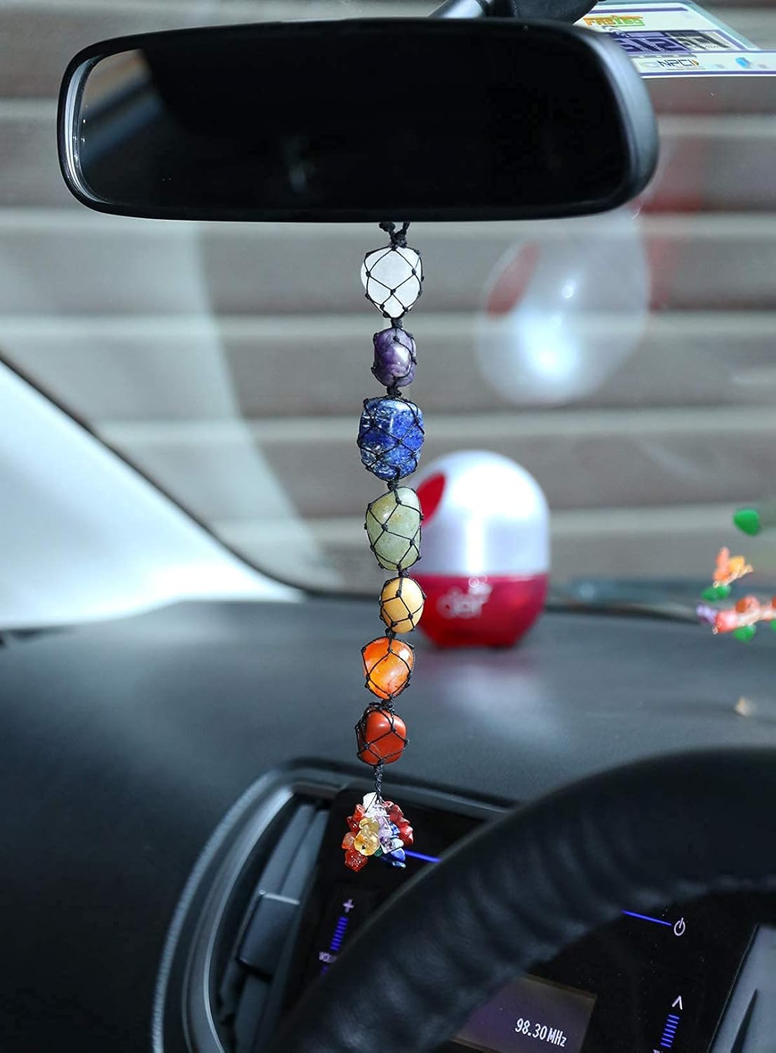 Adorno colgante de auto de 7 chakras, accesorios colgantes de cristal áspero para reiki, curación, equilibrio, borla para colgar en la pared,