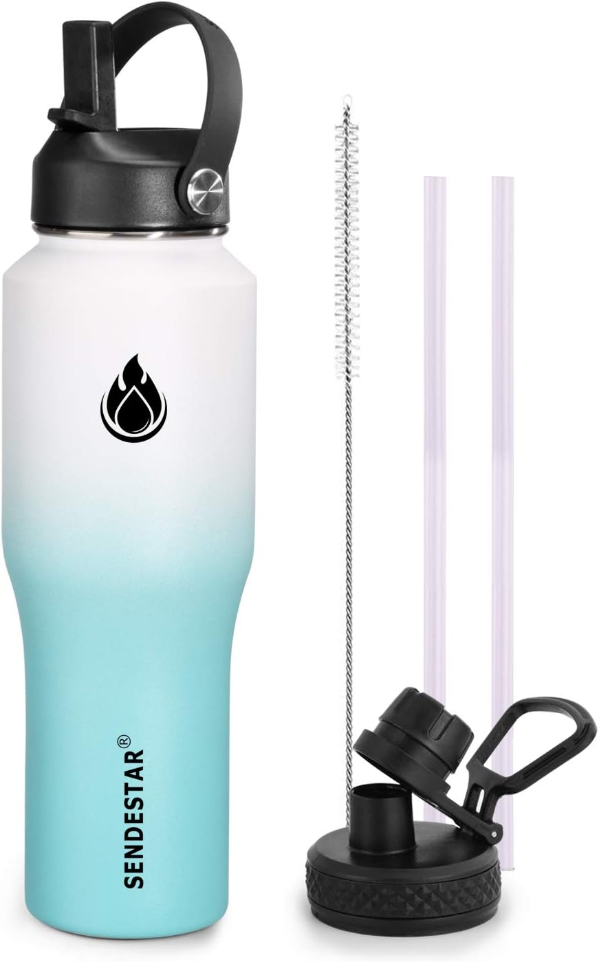 SENDESTAR – Botella de agua de 0,9 L, 2 tapas (tapa con pajita), boca ancha de acero inoxidable aislada al vacío, doble pared, mantiene los líquidos