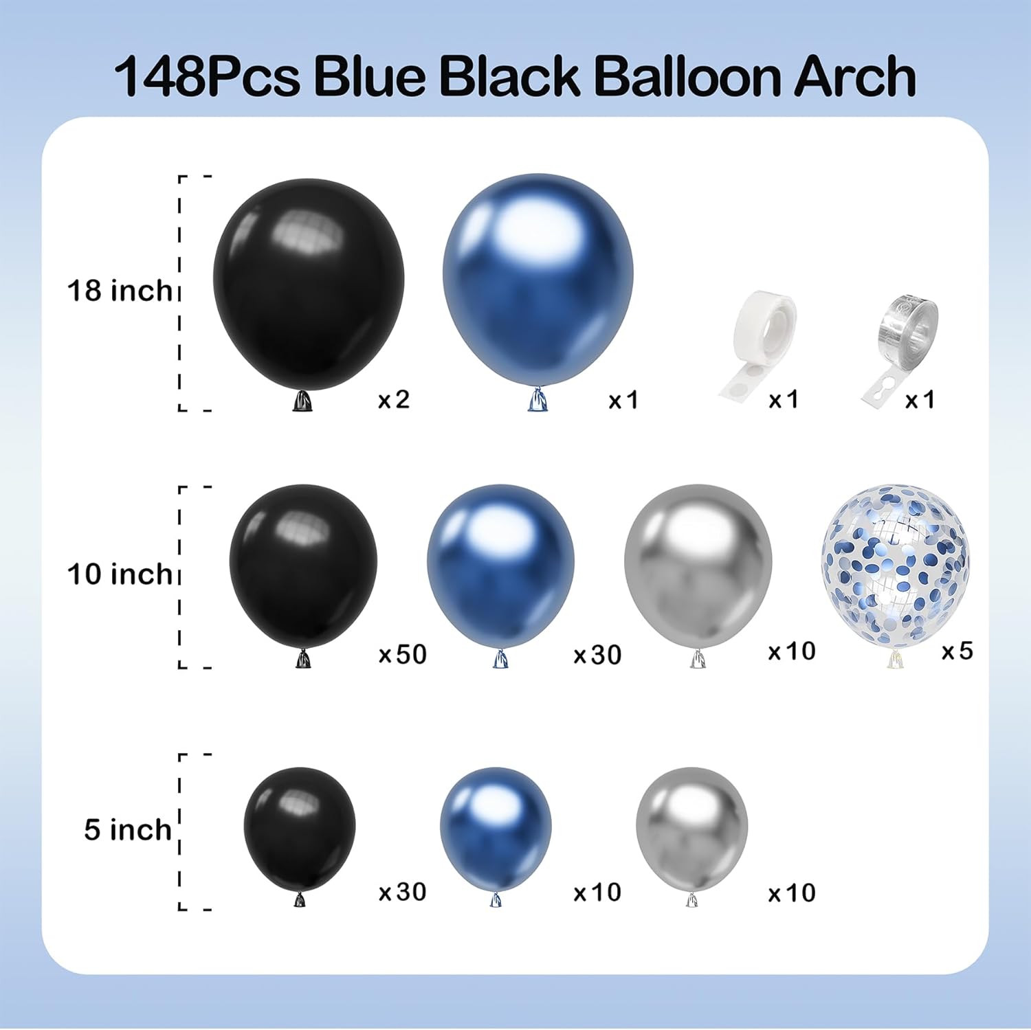Kit de arco de guirnalda de globos azules, plateados y negros, 148 globos de confeti azul metálico, decoración de fiesta para baby shower,
