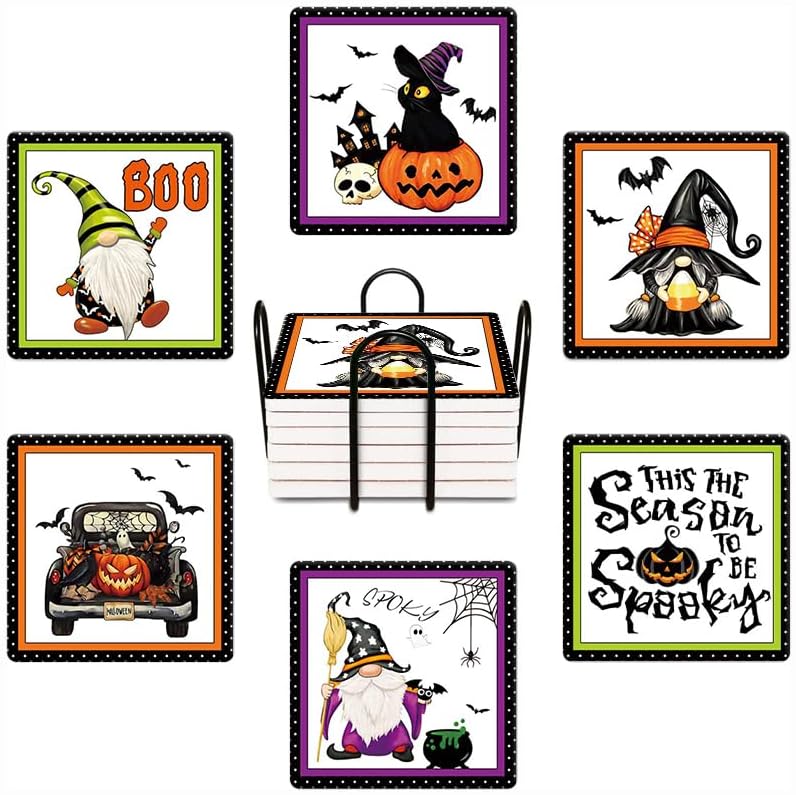 HUXJOKO Juego de 6 posavasos para bebidas, divertido posavasos de cerámica absorbente de calabaza de Halloween, tapete redondo de piedra, con base