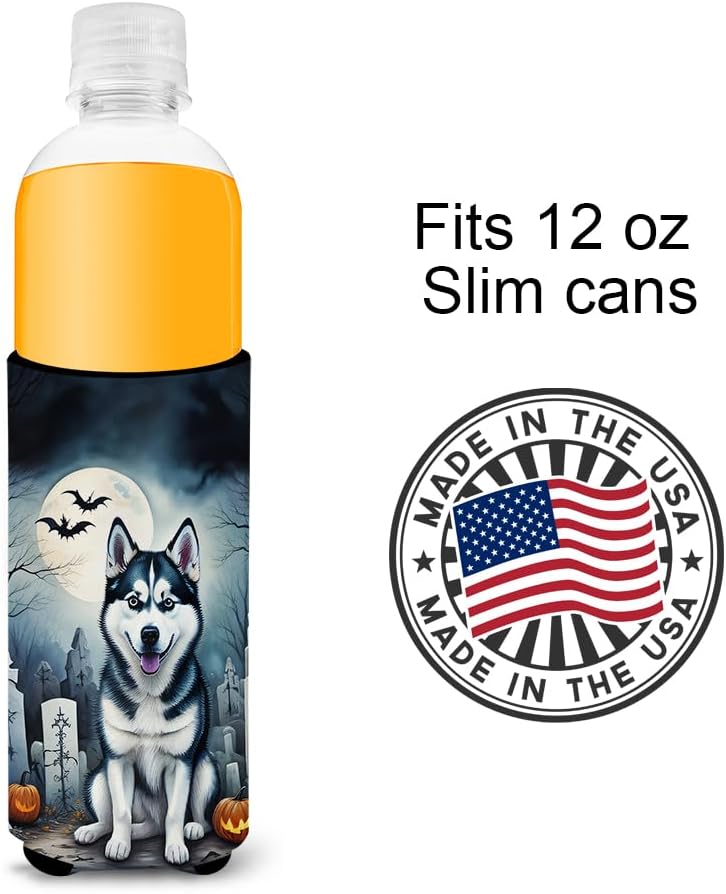 Caroline’s Treasures DAC2055MUK Siberian Husky Spooky Halloween Hugger for Ultra Slim Cans Can Cooler Sleeve Hugger Machine Washable Drink Sleeve