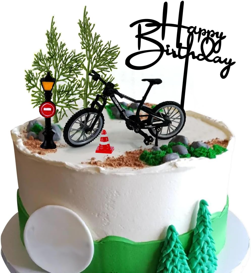 Juego de 6 decoraciones para tartas de bicicleta, con luz de calle, árbol de cono de carretera para bicicleta temática de fiesta de cumpleaños