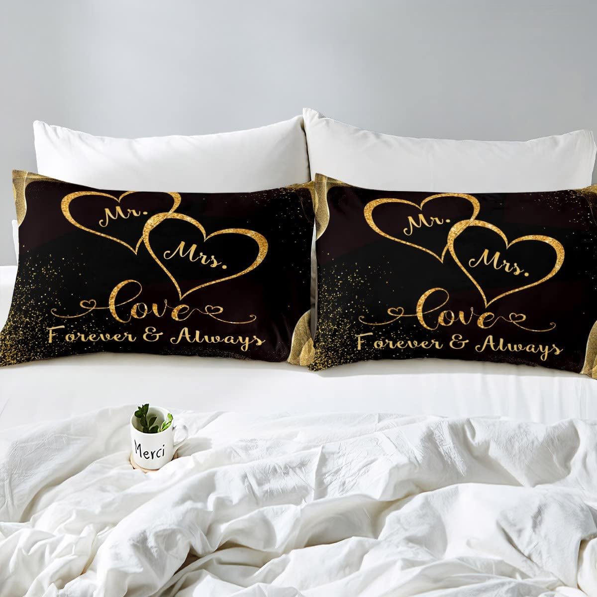 Erosebridal Juego de edredón para parejas, juego de ropa de cama tamaño Queen con lentejuelas doradas con purpurina dorada, edredón acolchado con