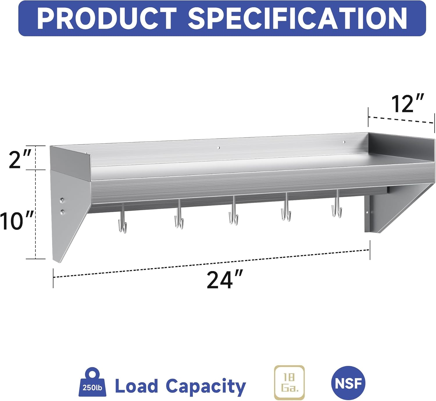Estante de acero inoxidable, estante de metal de 24 x 12 pulgadas, estante flotante de acero inoxidable montado en la pared con 5 ganchos para