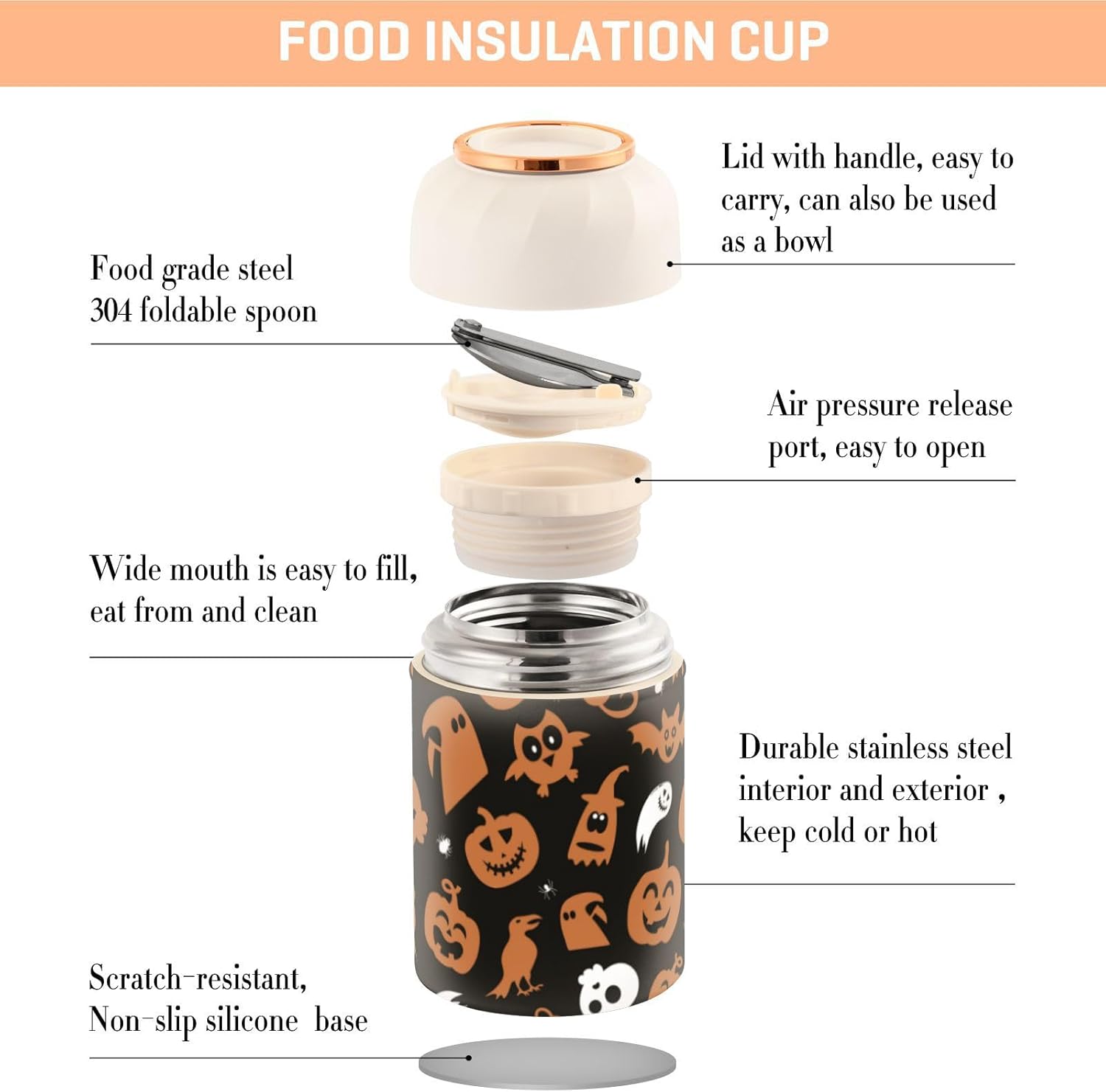 Halloween Design Kids Womens Lunch Insulated Jar with Spoon 17oz500ml Food Containers For Hot Food Stainless Steel Vacuum Wide Mouth Flask Insulated