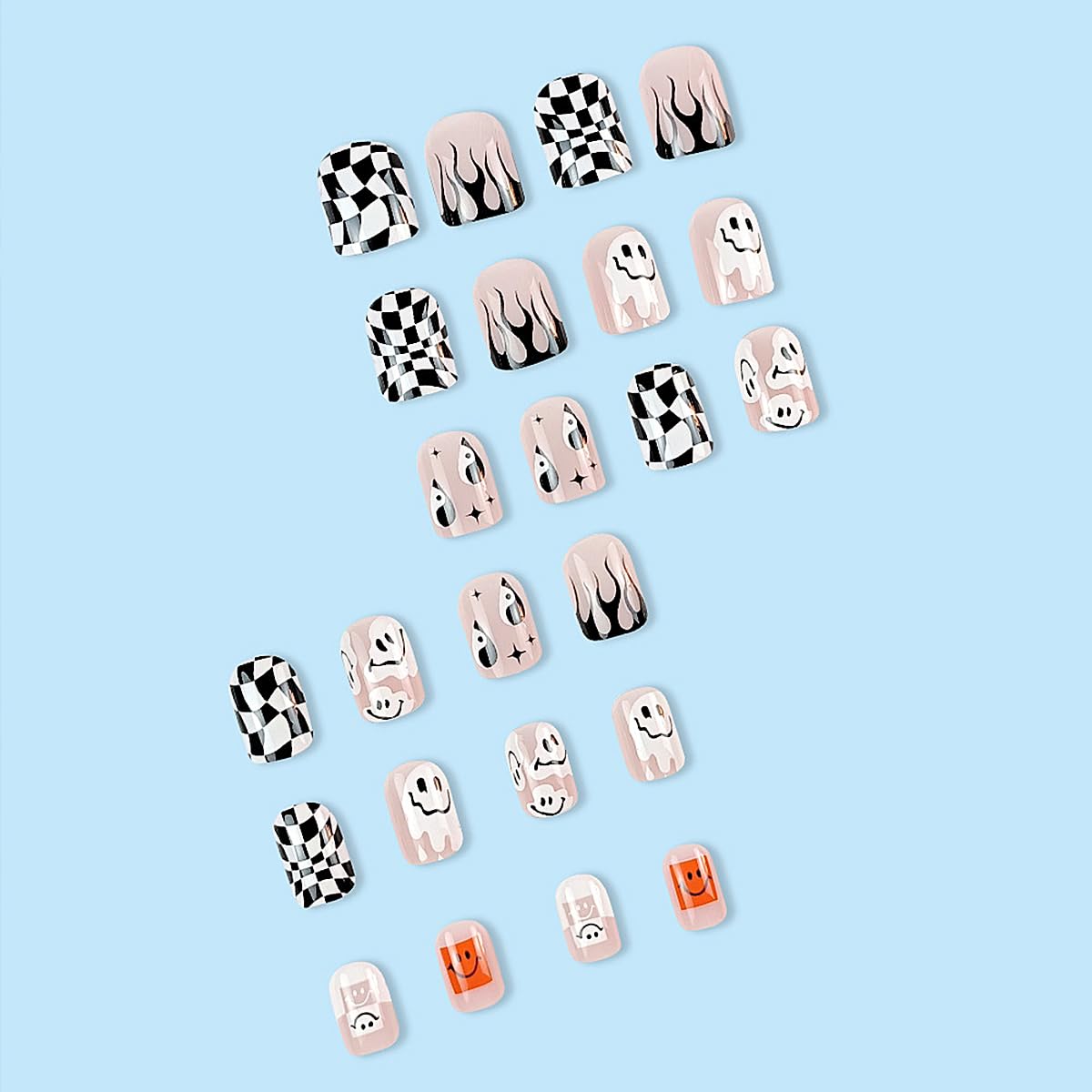 Uñas postizas cuadradas cortas a presión para Halloween, uñas acrílicas brillantes de color rosa con llama fantasma, diseños de tablero de Otelo,