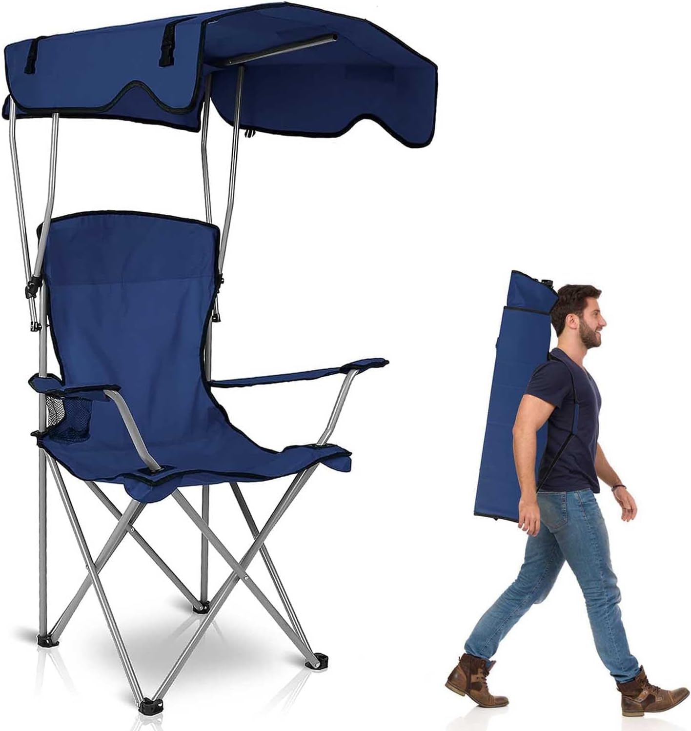 Silla de camping con toldo, silla plegable para exteriores con parasol ajustable UPF 50+ y soporte para tazas, reclinable portátil para campamento,