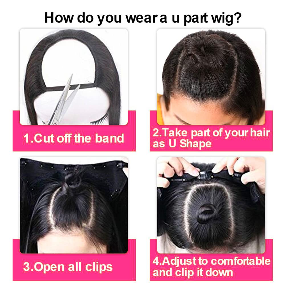 Sooolavely Pelucas de cabello humano con parte en U para mujeres negras, para principiantes, sin procesar, virgen, brasileño, sin pegamento,