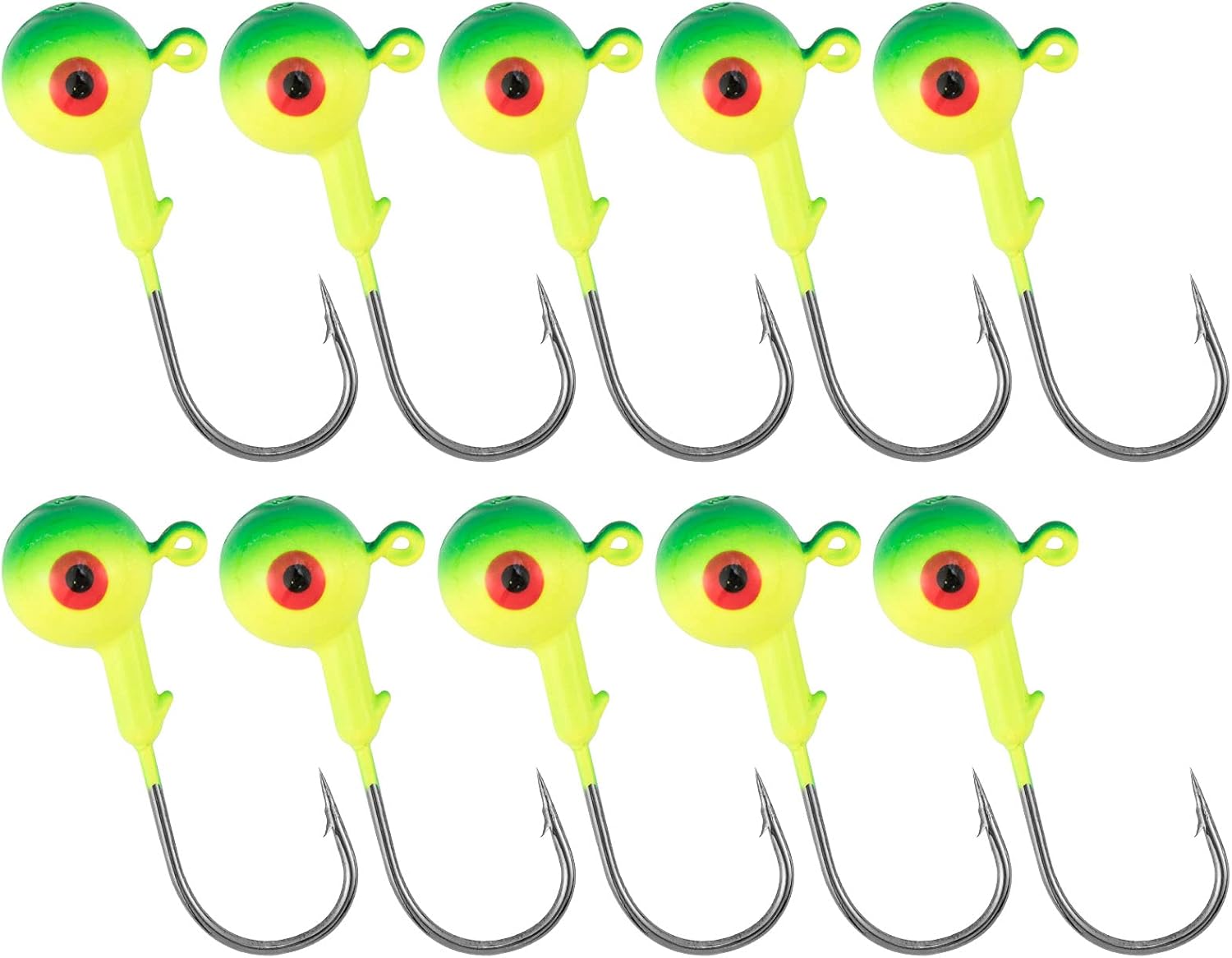Paquete de 10 plantillas de pesca redondas, plantillas de bola de lubina, ojos 3D, ganchos de acero de alto carbono, señuelos de bajo, cabezas de