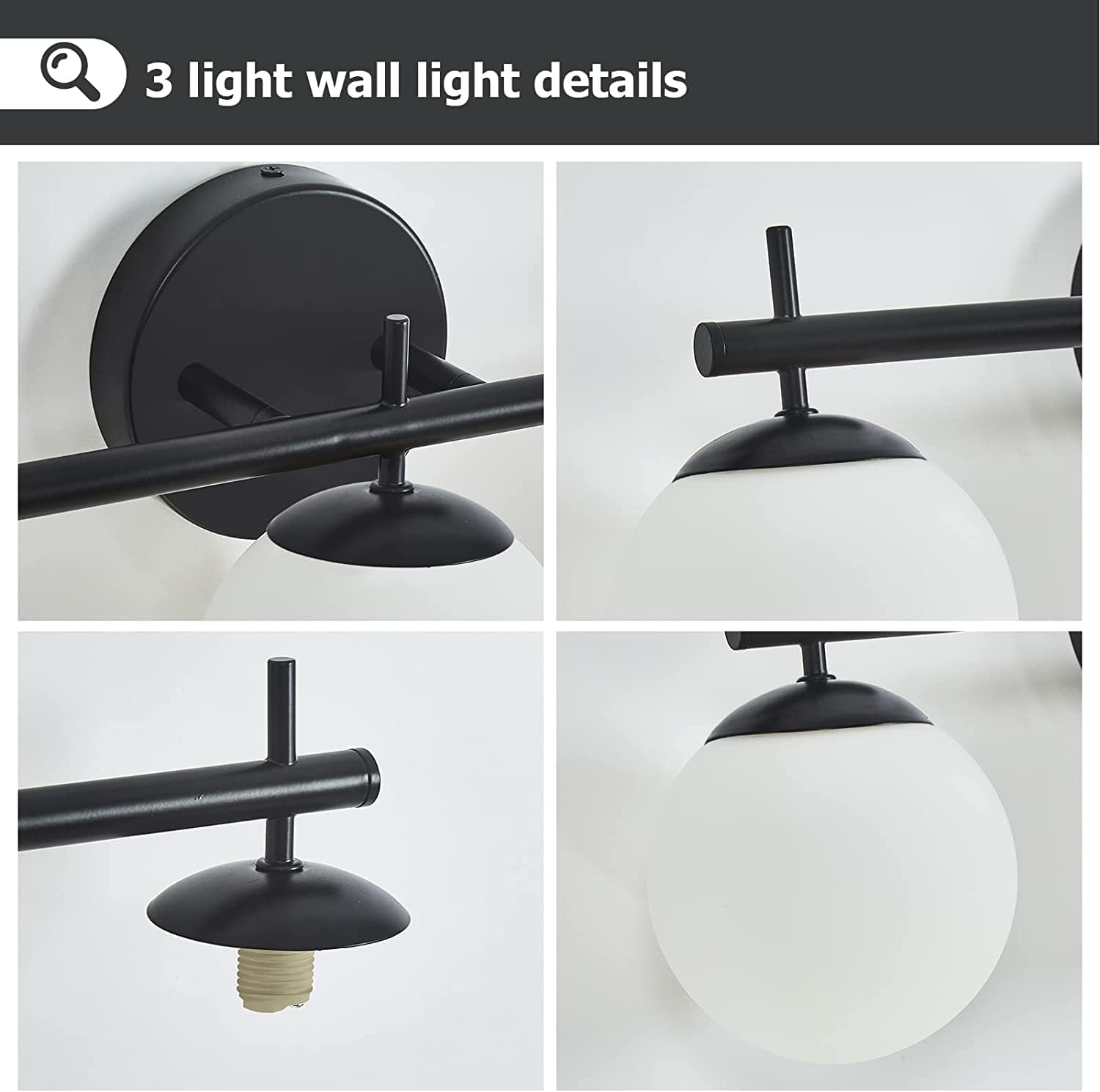 Lámparas negras para tocador de baño, modernas luces de tocador de mediados de siglo con pantalla de vidrio esmerilado blanco lechoso, 3 lámparas de