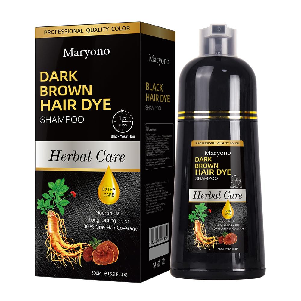 Maryono Champú de tinte para el cabello castaño oscuro 3 en 1, champú de tinte para cabello para cobertura de cabello gris, champú de color de