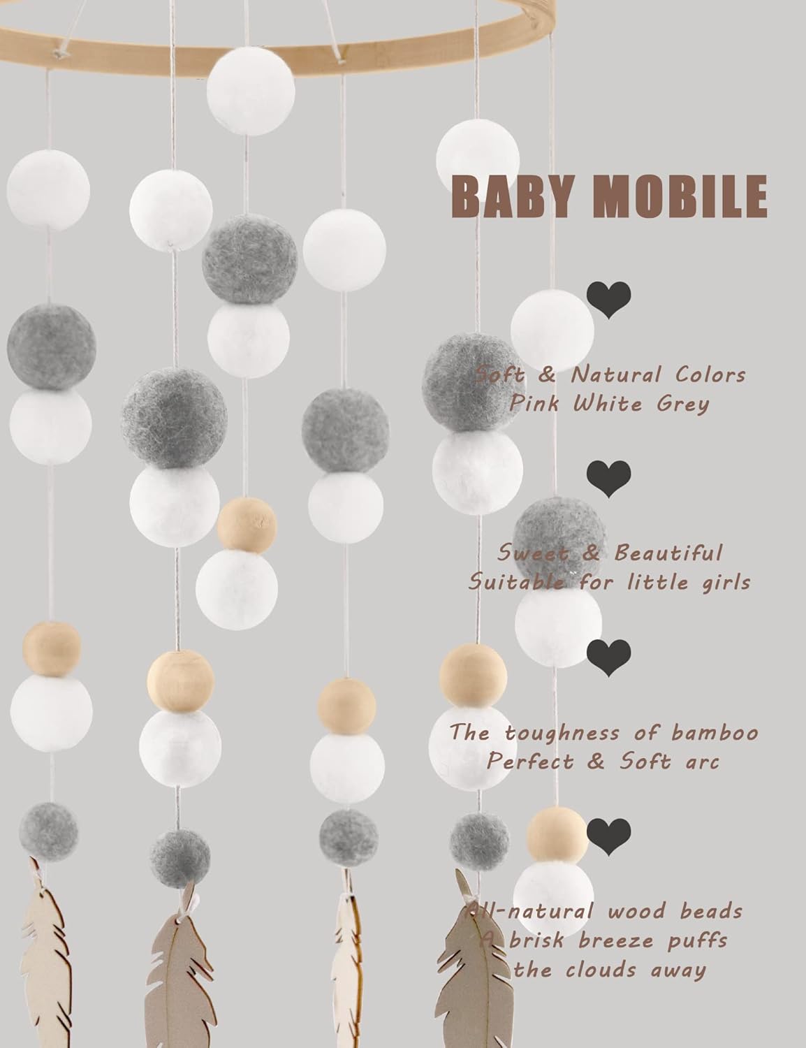 Cuna Baby Mobiles Cama de cuentas de madera para bebés Techo móvil Decorar Colgante Infantil Enfermería (Circular-Blanco Gris Verdura)