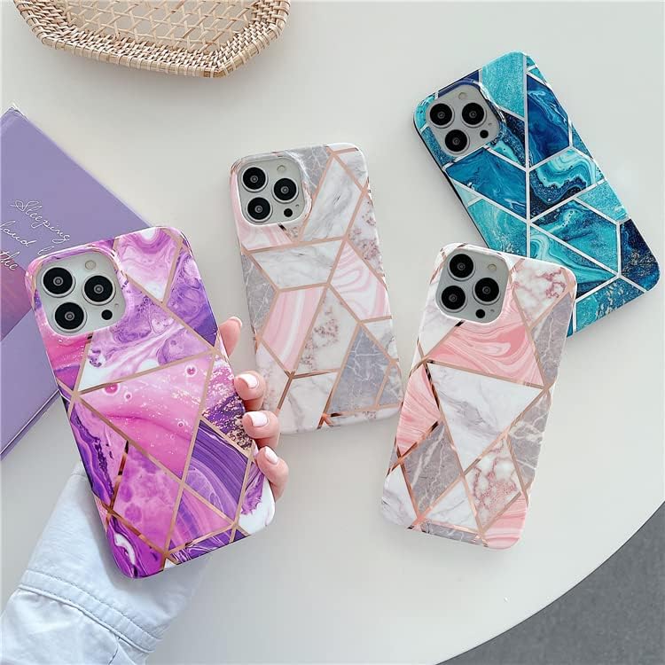 Funda para iPhone 14 Pro de 6.7 pulgadas delgada de cuerpo completo elegante funda protectora cuadrada geométrica mármol teléfono caso púrpura
