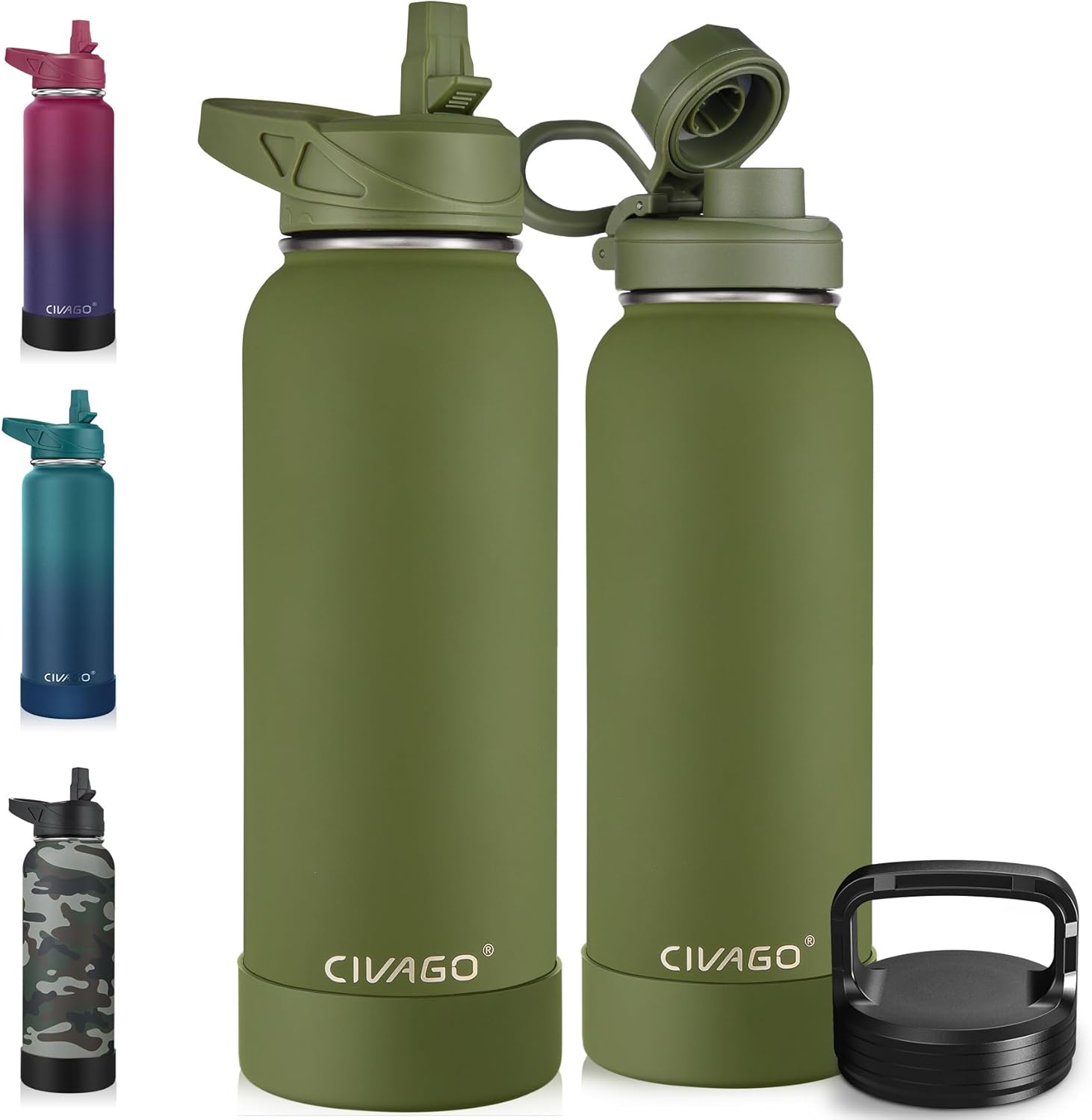 CIVAGO Botella de agua aislada de 40 onzas con pajilla, vaso de agua deportivo de acero inoxidable con 3 tapas (pajilla, boquilla y tapa de asa),