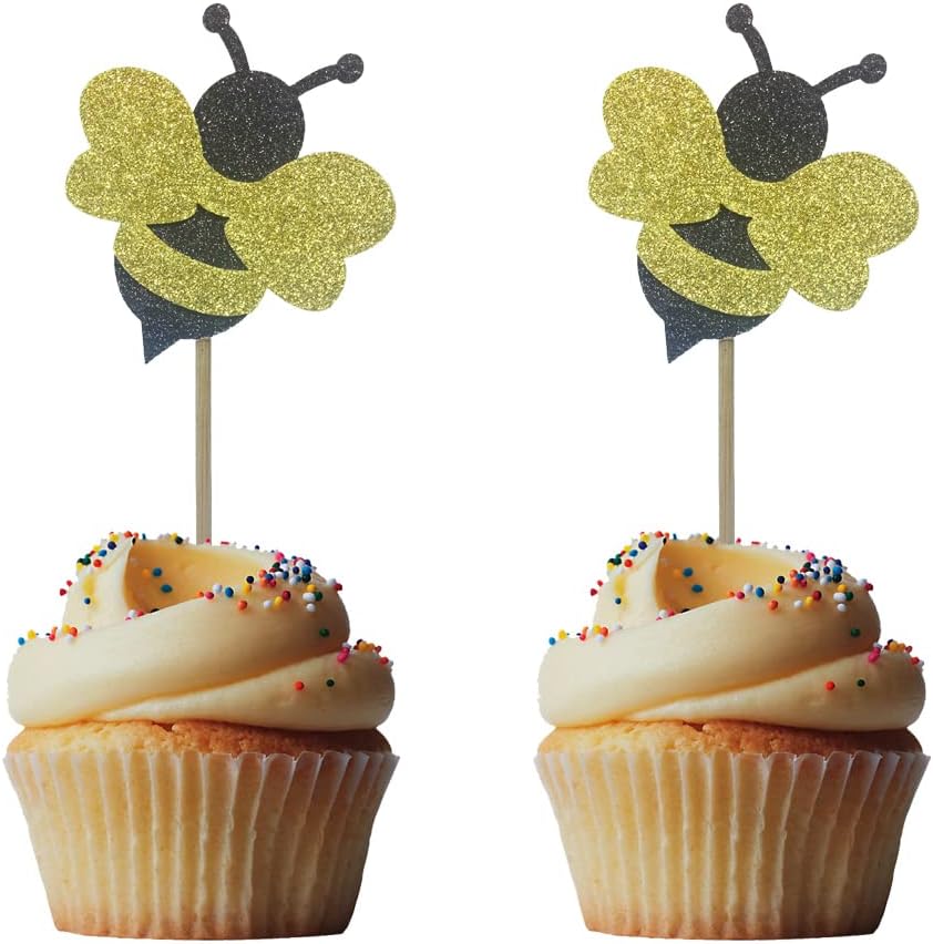 Morndew 24 adornos para cupcakes de abejorros con purpurina para fiestas temáticas de abejas, revelación de género, baby shower, fiesta de