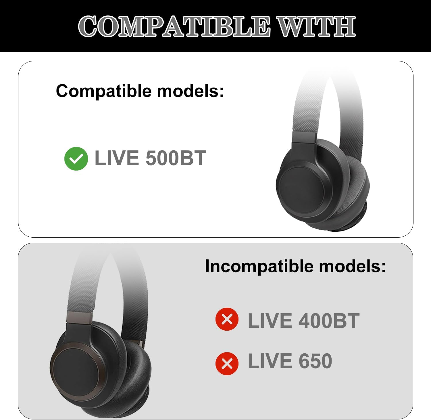 Live 500 BT – Orejeras de repuesto compatibles con JBL Live 500BTLive 500 BT Auriculares inalámbricos alrededor de la oreja, almohadillas para los