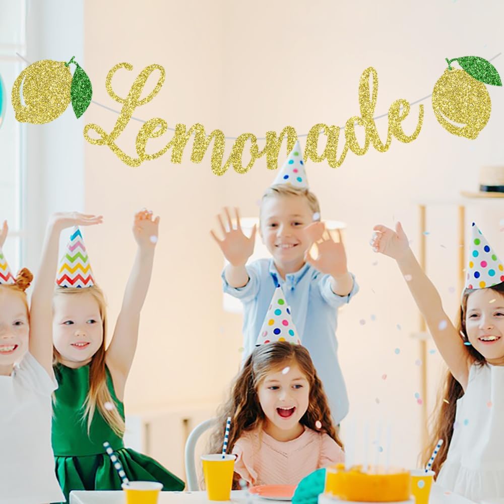 Cartel de limonada, decoración de soporte de limonada dorada con purpurina, guirnalda temática de limón, suministros para fiesta de cumpleaños de