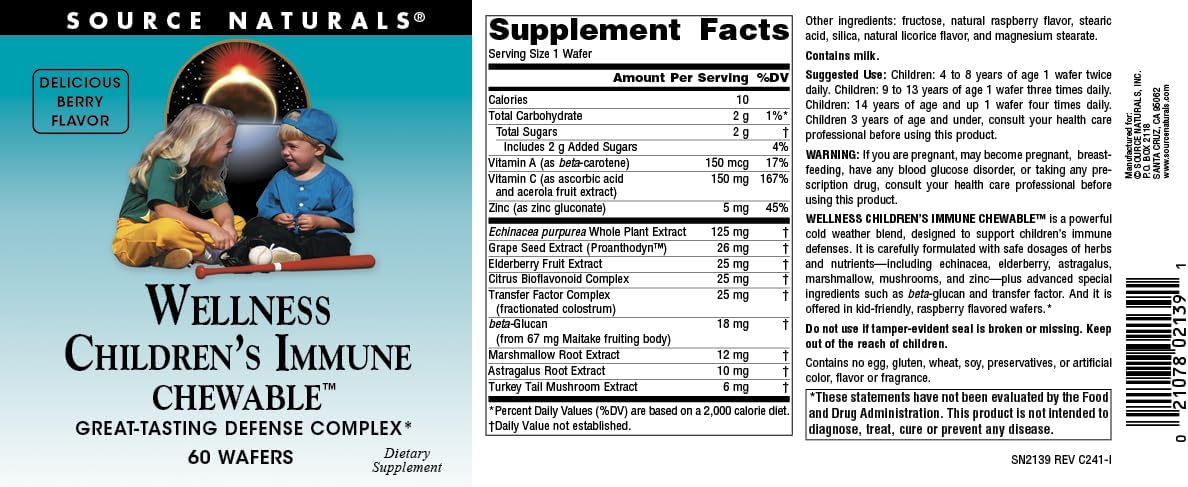 Source Naturals Wellness Children’s Immune Chewable, complejo de defensa de gran sabor, sabor a bayas, 60 obleas