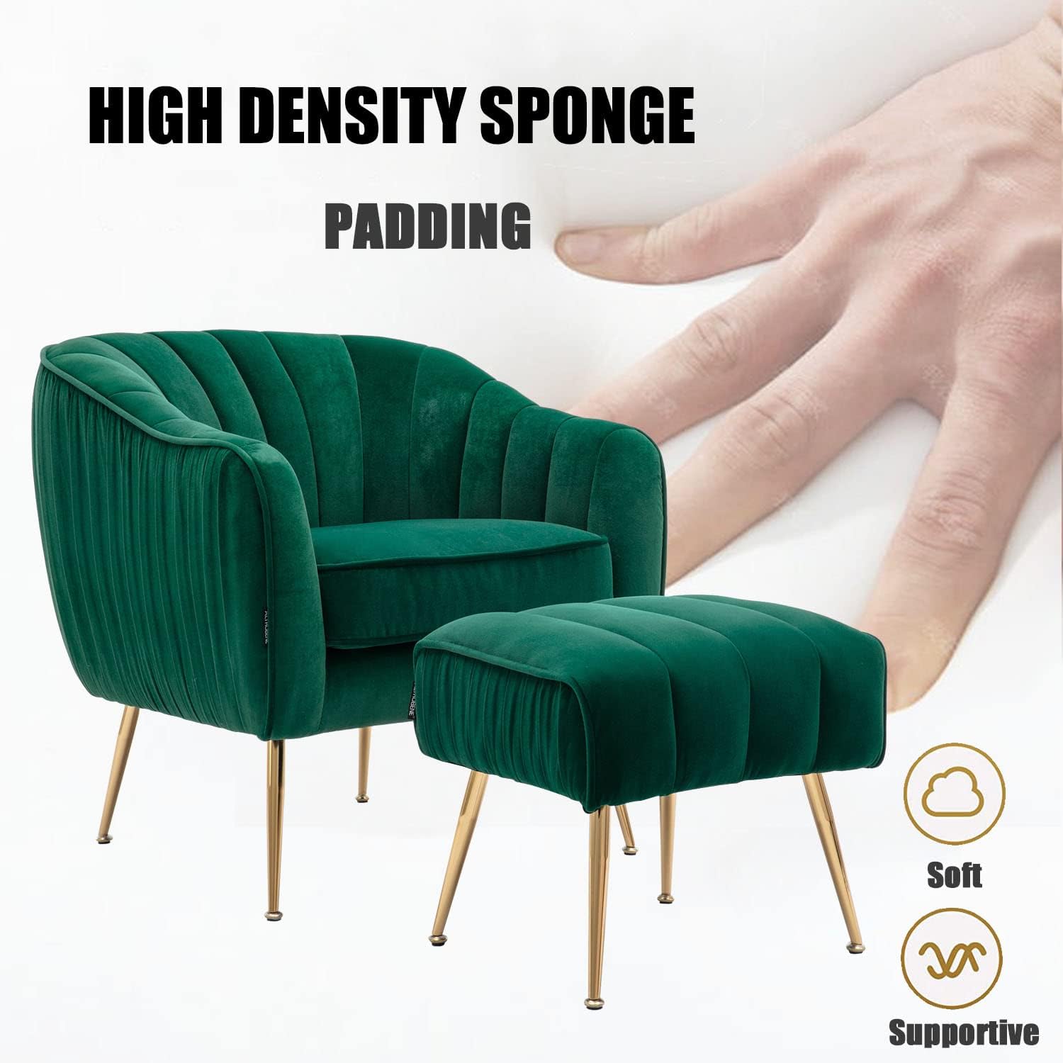 Silla decorativa de terciopelo con otomana, moderna silla de barril copetudo, juego otomano para sala de estar y dormitorio, acabado dorado, verde