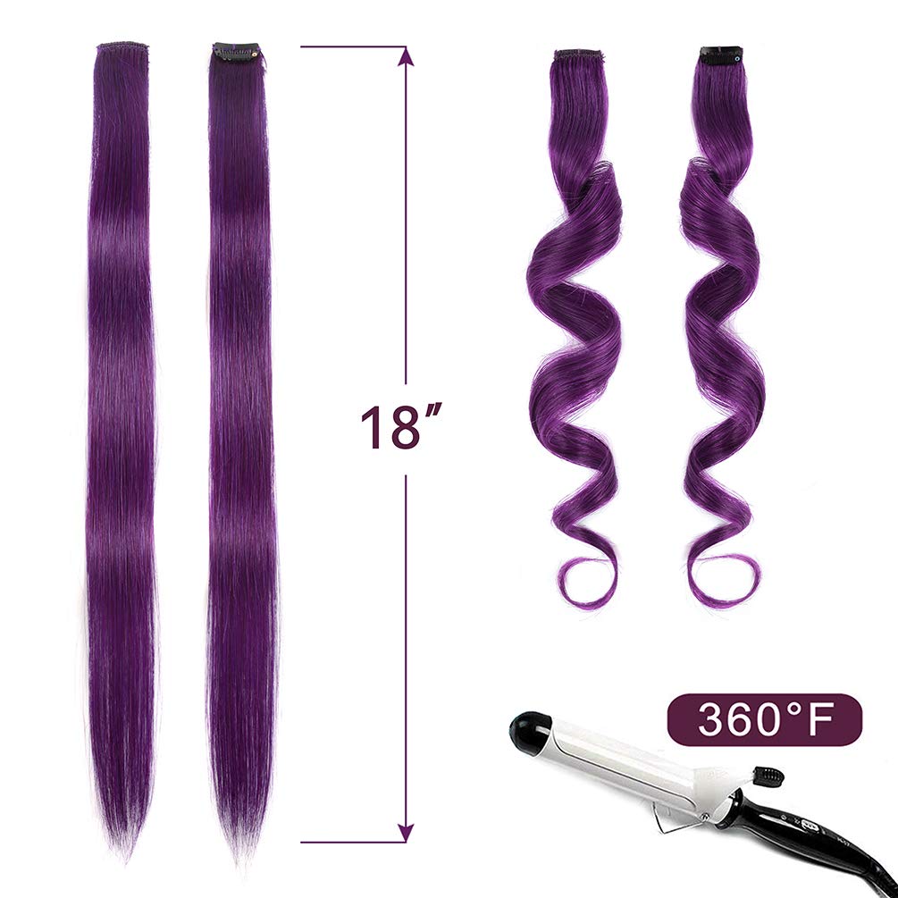 Winsky Extensiones de cabello morado con clip  100% cabello humano real de color para niñas, piezas de cabello de Halloween, 5 piezasjuego (18