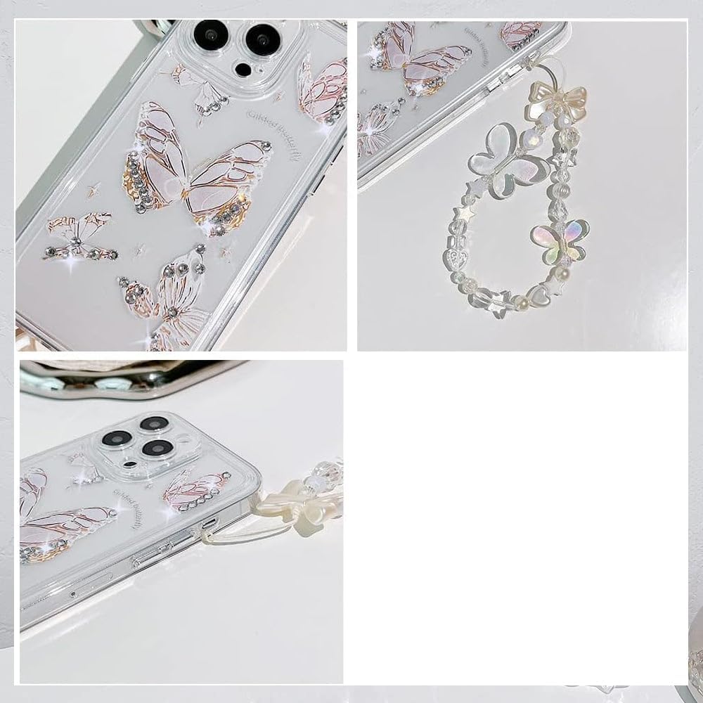 Casechics Compatible con funda para iPhone, de lujo, transparente, con bonito diseño de mariposa, correa para pulsera, cadena, transparente, suave,