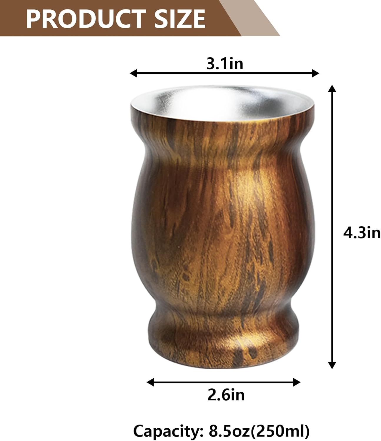 Artcome Juego de 4 tazas de yerba mate de acero inoxidable  1 taza mate de acero inoxidable de doble pared de 8.5 onzas (madera), 2 bombillas (paja