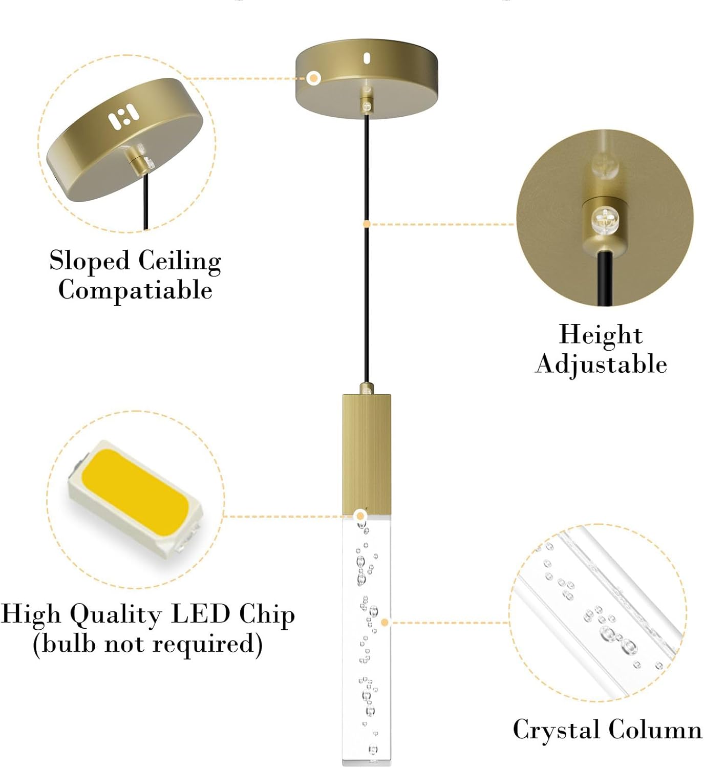 Lámpara colgante de latón, lámpara colgante LED integrada regulable moderna para isla de cocina, mini lámpara colgante de cristal para baño