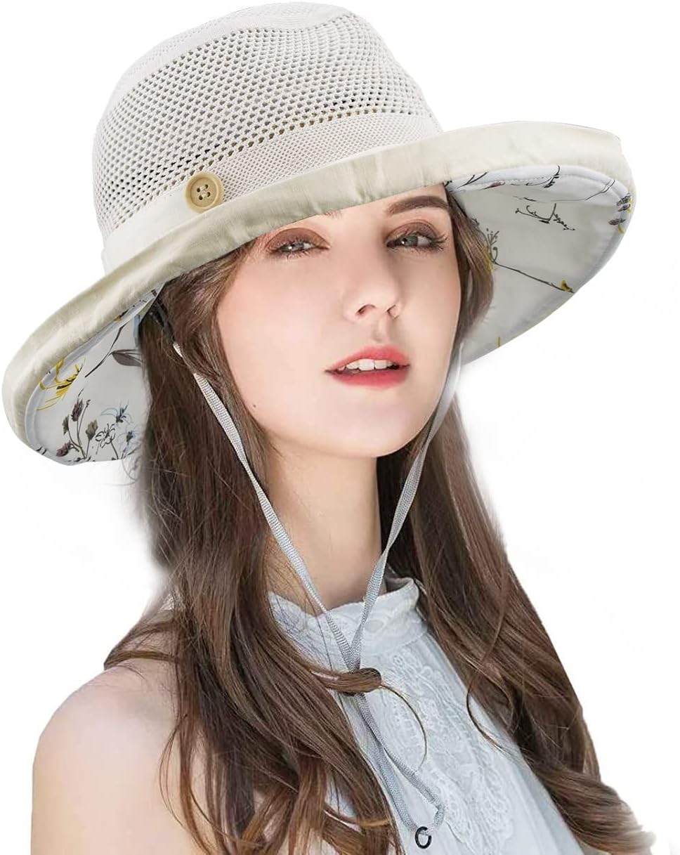 Sombreros de sol de malla para mujer, sombrero de pesca plegable de ala ancha para verano, protección UV, gorra de playa con correa para la barbilla