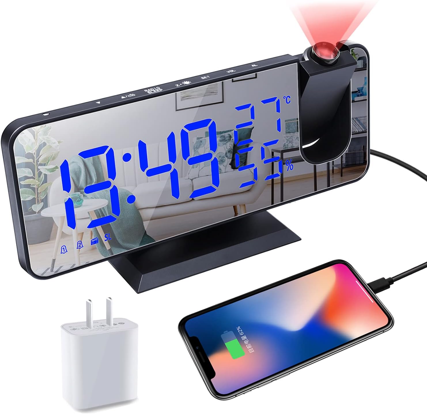 Reloj despertador digital de proyección para dormitorios, radio reloj despertador en techo, puerto de carga USB, pantalla de temperatura y humedad,
