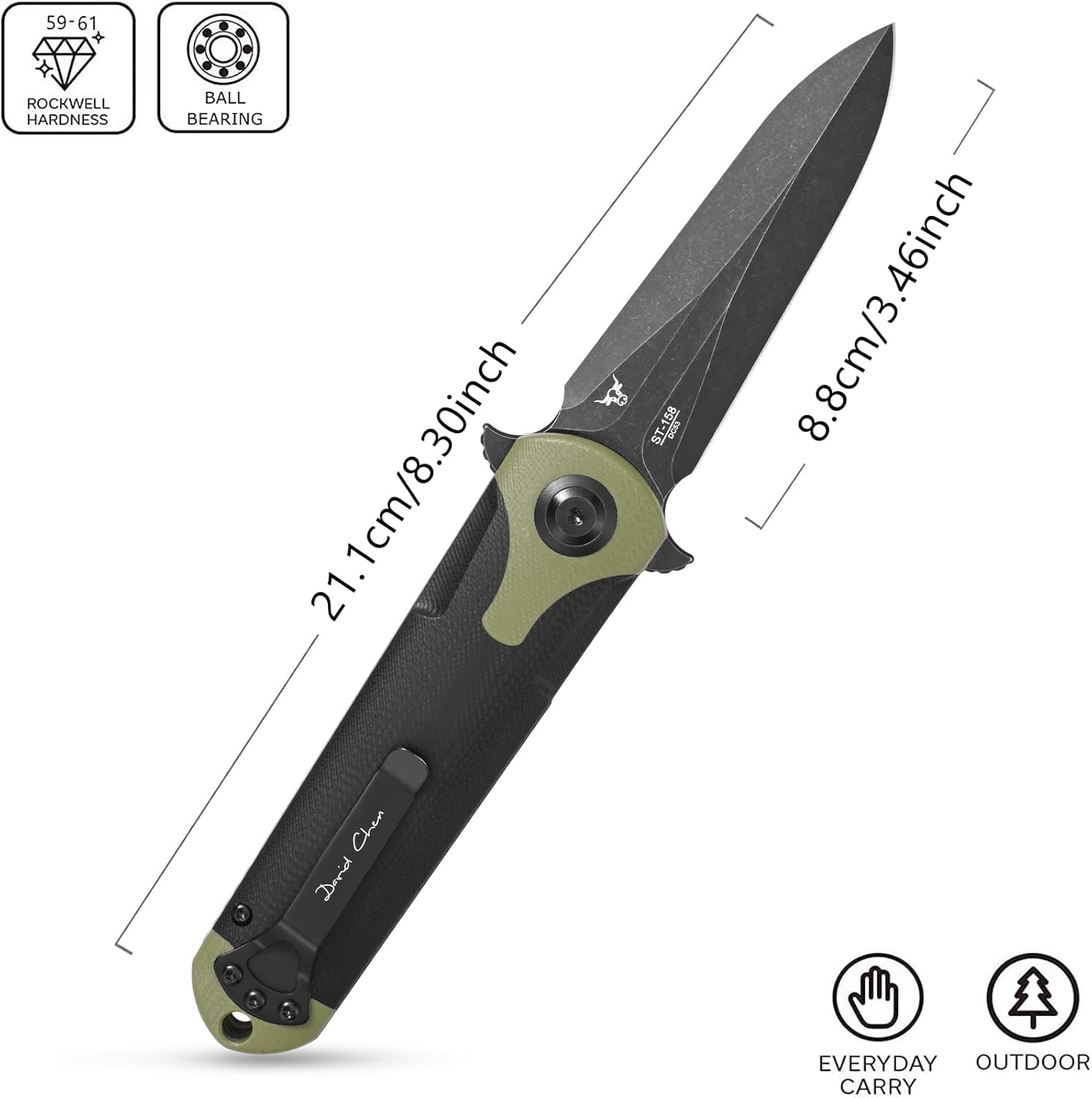 Sitivien ST158 – Cuchillo de bolsillo plegable, chapado en titanio, hoja de acero DC53 lavado a la piedra negra con mango G10, cuchillo de
