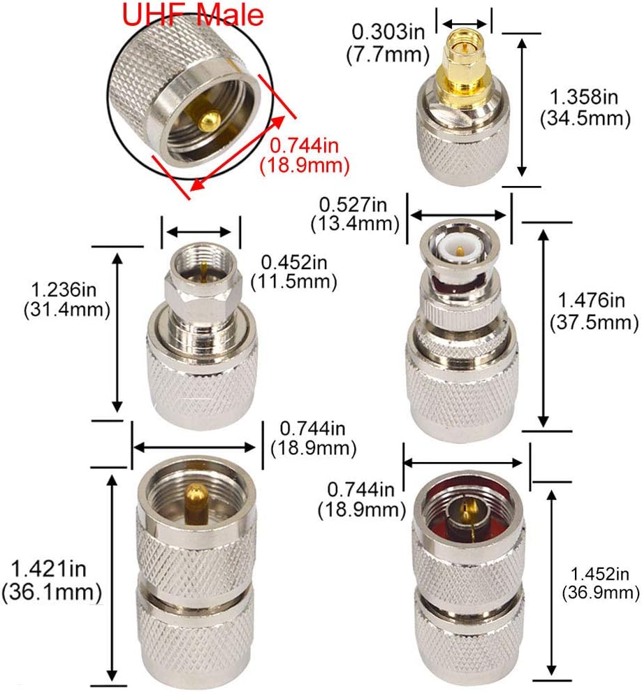 Boobrie Juego de conectores coaxiales de RF de 10 Uds. Kit de adaptador UHF macho UHF a FUHF a BNCUHF a NUHF a SMA Adaptador UHF Conector de cable