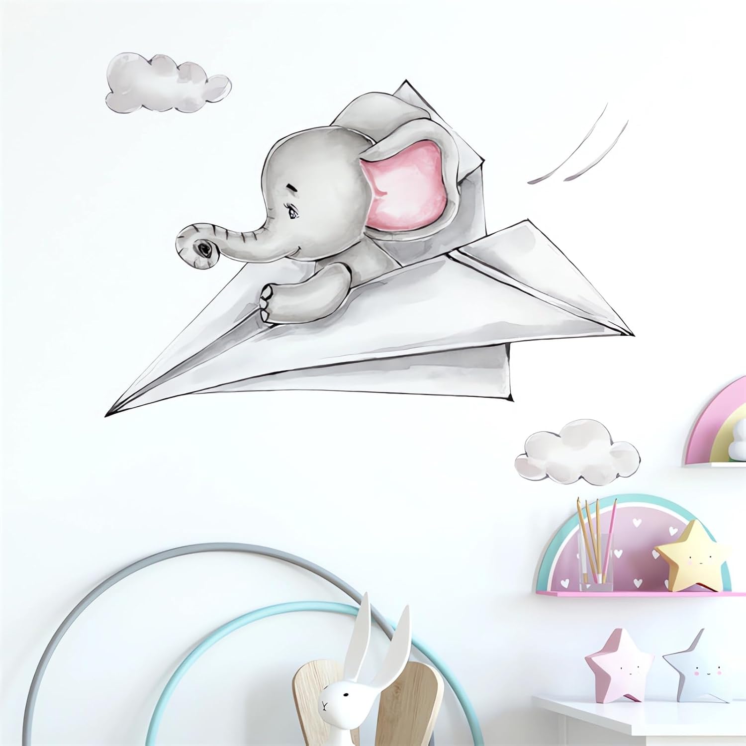 Calcomanías de pared de papel de elefante para bebé, diseño de animales de dibujos animados de sacinora DIY, vinilo extraíble para despegar y pegar