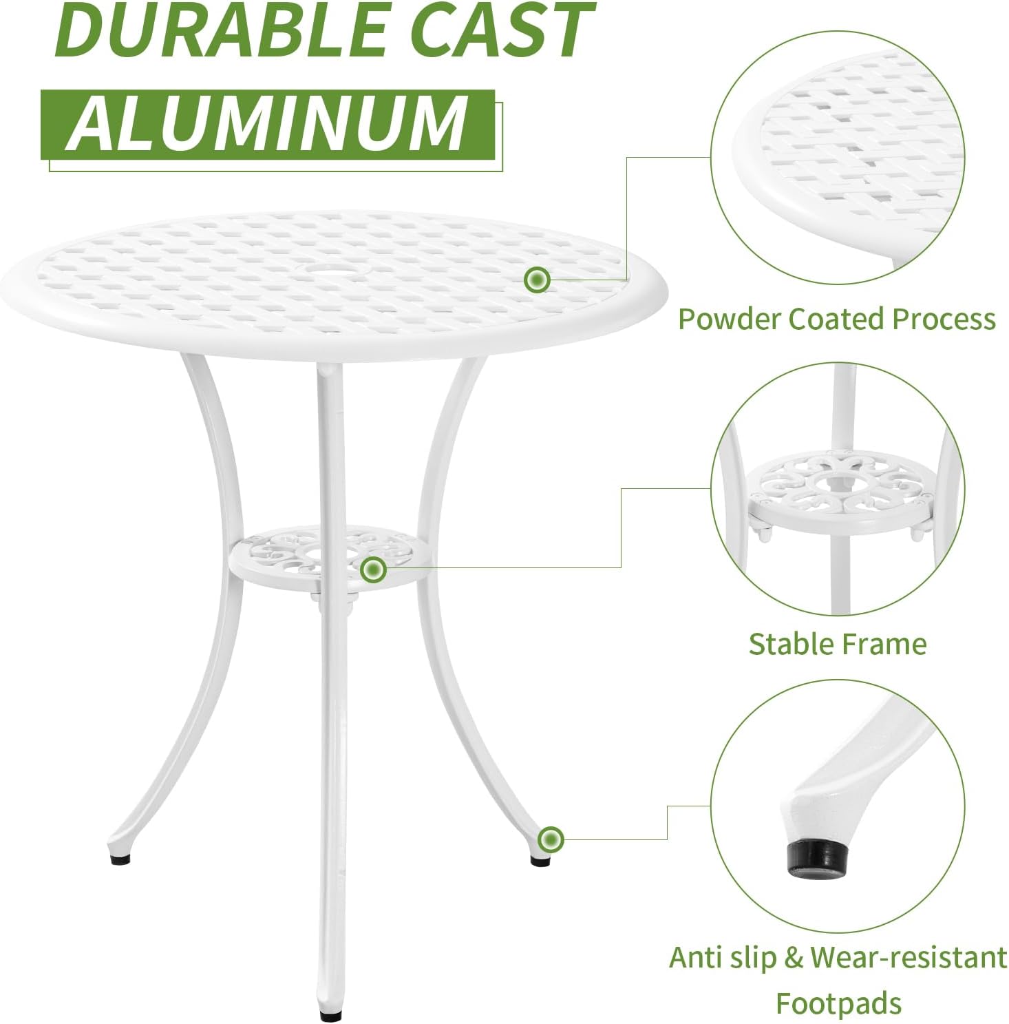 PATIO-IN Juego de 3 piezas para patio bistró con agujero para paraguas, mesa y sillas de bistró al aire libre, muebles de aluminio fundido para el