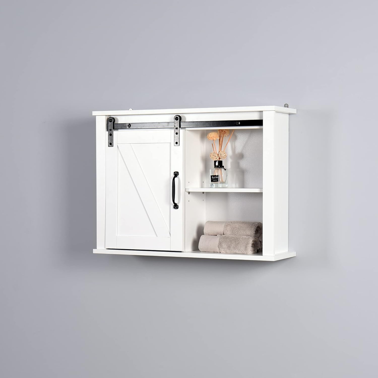 Armario de almacenamiento de pared con puerta de granero y 2 estantes ajustables en el interior, gabinete flotante de madera LERFAN moderno, 27.16 x