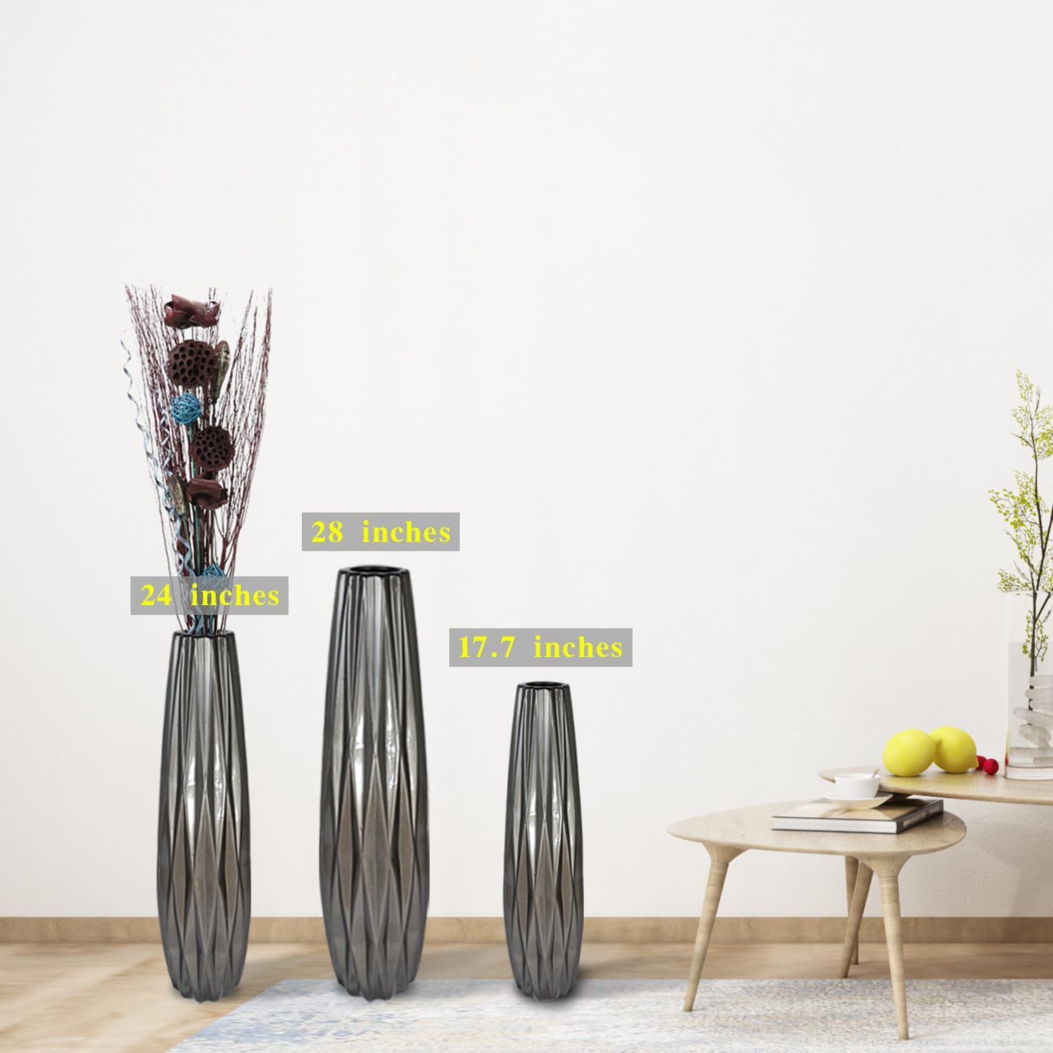 TDIAVH Jarrón de cerámica plateado de 28 pulgadas de alto, jarrones grandes modernos para decoración de sala de estar, decoración de jarrón grande