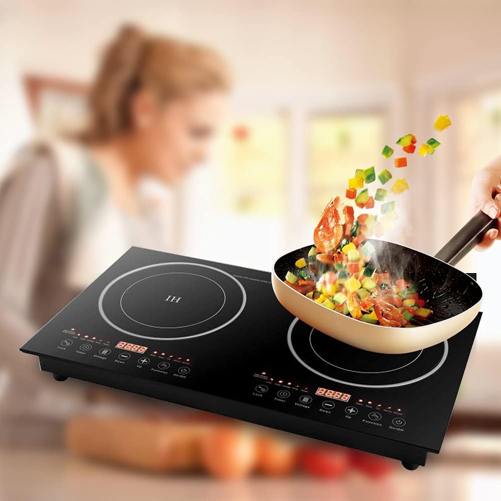 Placa de cocina eléctrica, 2 quemadores, doble inducción de cocina portátil 110 V 1200 W, quemadores de estufa eléctrica dobles con 8 engranajes de