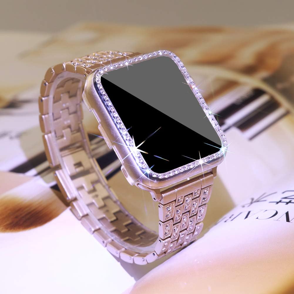 Supoix – Correas para Apple Watch de 1.49, 1.57, 1.61, 1.65, 1.73, 1.77, 1.93pulg. y funda, para mujer, con diamantes de imitación, de metal, 2