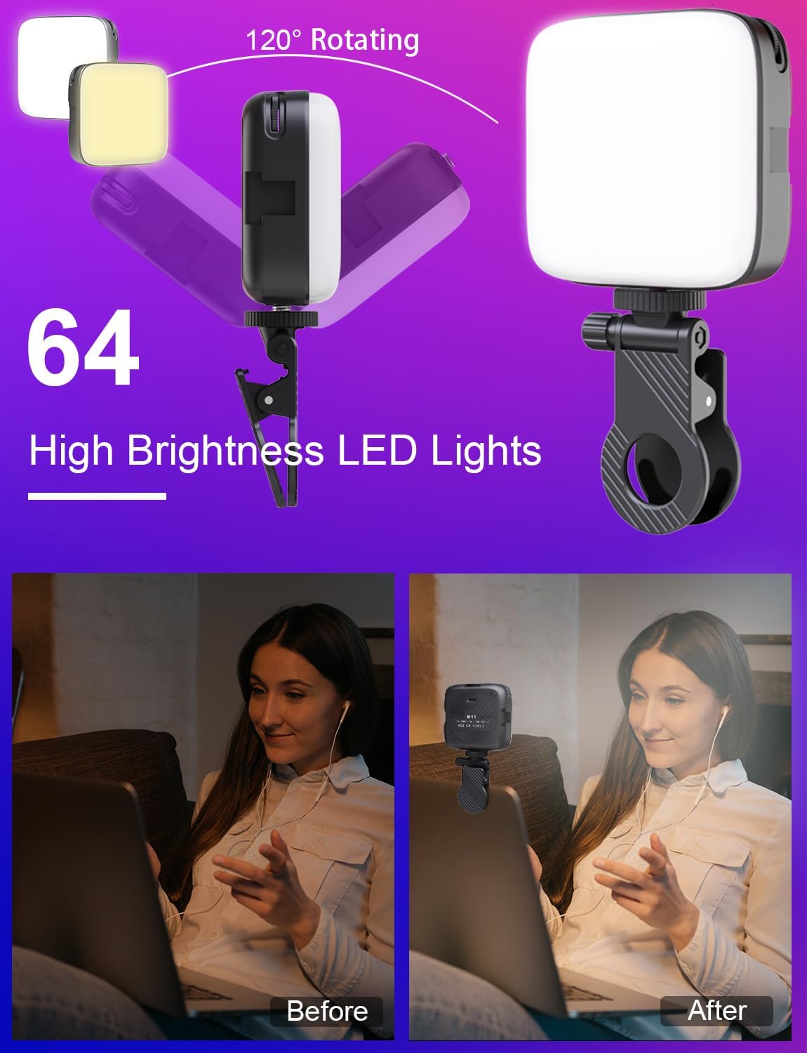 Luz para selfie, luz de teléfono con clip frontal y trasero, luz LED portátil regulable de 3000-9900K, luz de video recargable de 2000 mAh para